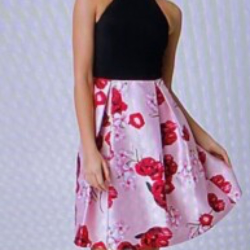 La Chateau Floral Print Bengaline & Satin Halter Dress